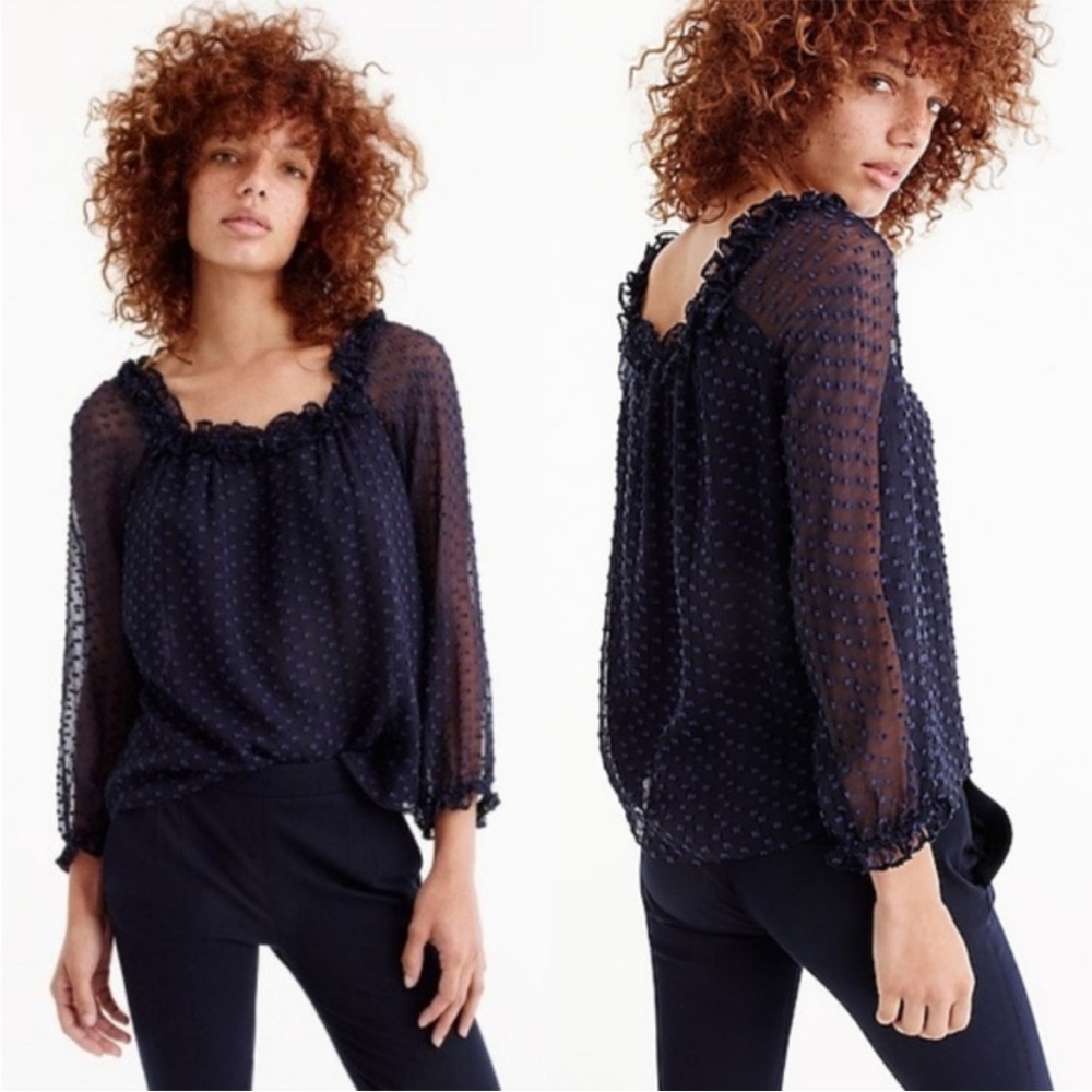 J. Crew Penny Dot Clip Ruffle Blouse in Navy Blue